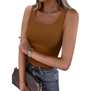 imageCaracilia Tank Top for Women Summer Square Neck Sleeveless Ribbed Fitted Crop Tops 2025 Basic Workout OutfitsBrown