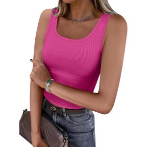 imageCaracilia Tank Top for Women Summer Square Neck Sleeveless Ribbed Fitted Crop Tops 2025 Basic Workout OutfitsHot Pink