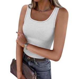 imageCaracilia Tank Top for Women Summer Square Neck Sleeveless Ribbed Fitted Crop Tops 2025 Basic Workout OutfitsLight Grey