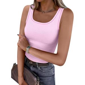 imageCaracilia Tank Top for Women Summer Square Neck Sleeveless Ribbed Fitted Crop Tops 2025 Basic Workout OutfitsLight Pink