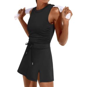 imageCaracilia Women Athletic Dress Tennis Active Workout Sleeveless Fitted Slit Summer Mini Golf Romper Dresses Built in ShortsBlack