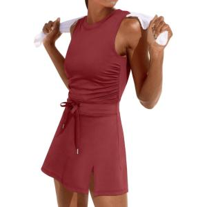 imageCaracilia Women Athletic Dress Tennis Active Workout Sleeveless Fitted Slit Summer Mini Golf Romper Dresses Built in ShortsDark Red