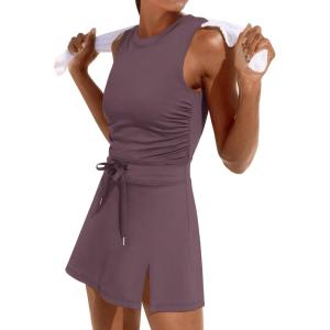 imageCaracilia Women Athletic Dress Tennis Active Workout Sleeveless Fitted Slit Summer Mini Golf Romper Dresses Built in ShortsNutmeg