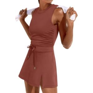 imageCaracilia Women Athletic Dress Tennis Active Workout Sleeveless Fitted Slit Summer Mini Golf Romper Dresses Built in ShortsRust