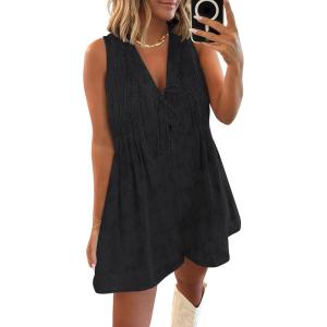 imageCaracilia Women Oversized Denim Romper Summer Casual V Neck Tie Front Sleeveless Jean Jumpsuits Short Overalls with PocketsBlack