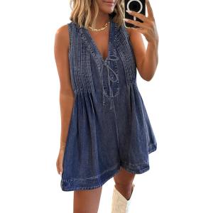 imageCaracilia Women Oversized Denim Romper Summer Casual V Neck Tie Front Sleeveless Jean Jumpsuits Short Overalls with PocketsWashed Deep Blue