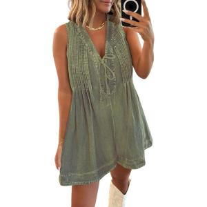 imageCaracilia Women Oversized Denim Romper Summer Casual V Neck Tie Front Sleeveless Jean Jumpsuits Short Overalls with PocketsWashed Green