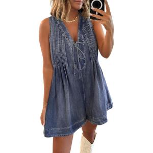imageCaracilia Women Oversized Denim Romper Summer Casual V Neck Tie Front Sleeveless Jean Jumpsuits Short Overalls with PocketsWashed Navy Blue