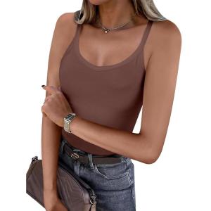 imageCaracilia Women Racerback Tank Tops 2025 Summer Sleeveless V Neck Camisole Slim Fit Basic Camis Workout ClothesBrown