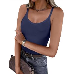 imageCaracilia Women Racerback Tank Tops 2025 Summer Sleeveless V Neck Camisole Slim Fit Basic Camis Workout ClothesNavy Blue