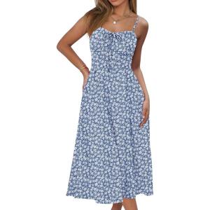 imageCaracilia Women Summer Floral Corset Midi Sundress Casual Spaghetti Strap Beach Vacation Wedding Guest Milkmaid Dress PocketsBlue White Floral