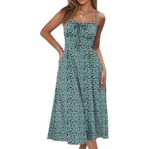 imageCaracilia Women Summer Floral Corset Midi Sundress Casual Spaghetti Strap Beach Vacation Wedding Guest Milkmaid Dress PocketsDark Green Blue Floral