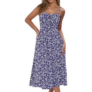 imageCaracilia Women Summer Floral Corset Midi Sundress Casual Spaghetti Strap Beach Vacation Wedding Guest Milkmaid Dress PocketsLeaf Printed