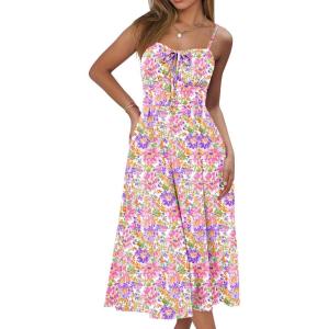 imageCaracilia Women Summer Floral Corset Midi Sundress Casual Spaghetti Strap Beach Vacation Wedding Guest Milkmaid Dress PocketsPink Purple Floral