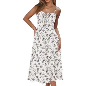 imageCaracilia Women Summer Floral Corset Midi Sundress Casual Spaghetti Strap Beach Vacation Wedding Guest Milkmaid Dress PocketsWhite Purple Floral