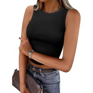 imageCaracilia Women Tank Tops High Neck Crop Tops Racerback Rib Knit Sleeveless Summer Basic Tee Shirts Workout Y2K OutfitsBlack