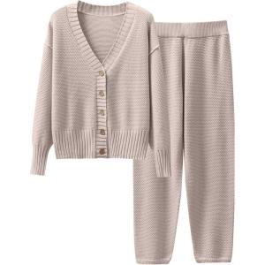 imageCaracilia Womens 2 Piece Outfits Lounge Set V Neck Cardigan Sweater Pants Sets Knit Matching Loungewear 2025 Fall ClothesBeige
