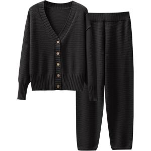 imageCaracilia Womens 2 Piece Outfits Lounge Set V Neck Cardigan Sweater Pants Sets Knit Matching Loungewear 2025 Fall ClothesBlack