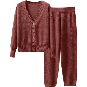 imageCaracilia Womens 2 Piece Outfits Lounge Set V Neck Cardigan Sweater Pants Sets Knit Matching Loungewear 2025 Fall ClothesBrick Red