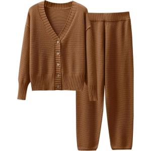 imageCaracilia Womens 2 Piece Outfits Lounge Set V Neck Cardigan Sweater Pants Sets Knit Matching Loungewear 2025 Fall ClothesBrown
