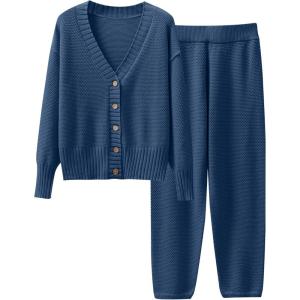 imageCaracilia Womens 2 Piece Outfits Lounge Set V Neck Cardigan Sweater Pants Sets Knit Matching Loungewear 2025 Fall ClothesDusty Blue