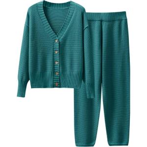 imageCaracilia Womens 2 Piece Outfits Lounge Set V Neck Cardigan Sweater Pants Sets Knit Matching Loungewear 2025 Fall ClothesLake Green