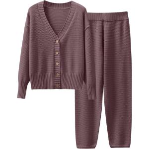 imageCaracilia Womens 2 Piece Outfits Lounge Set V Neck Cardigan Sweater Pants Sets Knit Matching Loungewear 2025 Fall ClothesNutmeg
