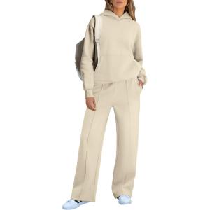 imageCaracilia Womens 2 Piece Outfits Sweatsuit Sets Oversized Hoodies Wide Leg Sweatpant Tracksuit 2024 Fall Matching Lounge SetBeige