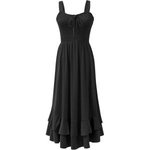 imageCaracilia Womens Smocked Maxi Dress Summer Casual Boho Sleeveless Strap Ruffle Backless Swing Flowy Beach Long SundressBlack