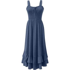 imageCaracilia Womens Smocked Maxi Dress Summer Casual Boho Sleeveless Strap Ruffle Backless Swing Flowy Beach Long SundressBlue