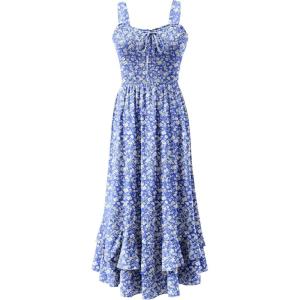 imageCaracilia Womens Smocked Maxi Dress Summer Casual Boho Sleeveless Strap Ruffle Backless Swing Flowy Beach Long SundressBlue Floral