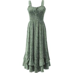 imageCaracilia Womens Smocked Maxi Dress Summer Casual Boho Sleeveless Strap Ruffle Backless Swing Flowy Beach Long SundressGreen Floral