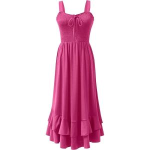 imageCaracilia Womens Smocked Maxi Dress Summer Casual Boho Sleeveless Strap Ruffle Backless Swing Flowy Beach Long SundressHot Pink