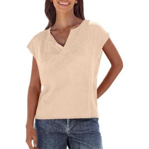 imageCaracilia Womens Sweater Tops Summer Casual V Neck Cap Sleeve Vests Loose Lightweight Side Slit Hem Shirts 2025 BlouseBeige