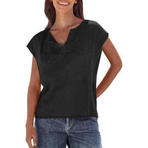 imageCaracilia Womens Sweater Tops Summer Casual V Neck Cap Sleeve Vests Loose Lightweight Side Slit Hem Shirts 2025 BlouseBlack