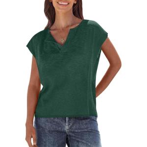 imageCaracilia Womens Sweater Tops Summer Casual V Neck Cap Sleeve Vests Loose Lightweight Side Slit Hem Shirts 2025 BlouseDeep Green