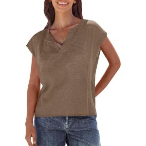 imageCaracilia Womens Sweater Tops Summer Casual V Neck Cap Sleeve Vests Loose Lightweight Side Slit Hem Shirts 2025 BlouseLight Brown