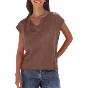 imageCaracilia Womens Sweater Tops Summer Casual V Neck Cap Sleeve Vests Loose Lightweight Side Slit Hem Shirts 2025 BlouseRed Brown