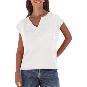 imageCaracilia Womens Sweater Tops Summer Casual V Neck Cap Sleeve Vests Loose Lightweight Side Slit Hem Shirts 2025 BlouseWhite