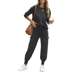 imageCaracilia Womens Two Piece Outfits Sweater Sets Long Sleeve Knit Tops Matching Cargo Jogger Pants 2025 Fall Lounge SetsBlack
