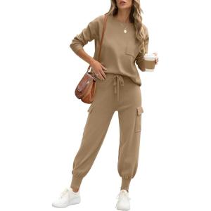 imageCaracilia Womens Two Piece Outfits Sweater Sets Long Sleeve Knit Tops Matching Cargo Jogger Pants 2025 Fall Lounge SetsDark Camel