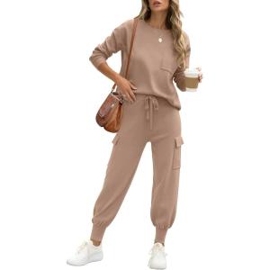 imageCaracilia Womens Two Piece Outfits Sweater Sets Long Sleeve Knit Tops Matching Cargo Jogger Pants 2025 Fall Lounge SetsDeep Apricot