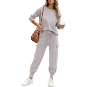 imageCaracilia Womens Two Piece Outfits Sweater Sets Long Sleeve Knit Tops Matching Cargo Jogger Pants 2025 Fall Lounge SetsGray