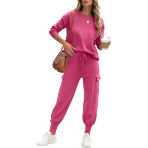 imageCaracilia Womens Two Piece Outfits Sweater Sets Long Sleeve Knit Tops Matching Cargo Jogger Pants 2025 Fall Lounge SetsHot Pink