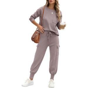 imageCaracilia Womens Two Piece Outfits Sweater Sets Long Sleeve Knit Tops Matching Cargo Jogger Pants 2025 Fall Lounge SetsKhaki