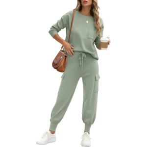 imageCaracilia Womens Two Piece Outfits Sweater Sets Long Sleeve Knit Tops Matching Cargo Jogger Pants 2025 Fall Lounge SetsMint