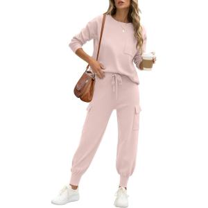 imageCaracilia Womens Two Piece Outfits Sweater Sets Long Sleeve Knit Tops Matching Cargo Jogger Pants 2025 Fall Lounge SetsPink