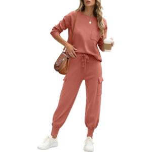imageCaracilia Womens Two Piece Outfits Sweater Sets Long Sleeve Knit Tops Matching Cargo Jogger Pants 2025 Fall Lounge SetsRust