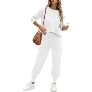 imageCaracilia Womens Two Piece Outfits Sweater Sets Long Sleeve Knit Tops Matching Cargo Jogger Pants 2025 Fall Lounge SetsWhite