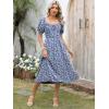 imageCaracilia Women Summer Boho Midi Dresses Puff Sleeve Square Neck Floral Bridal Shower Wedding Guest Flowy SundressBlue White Floral